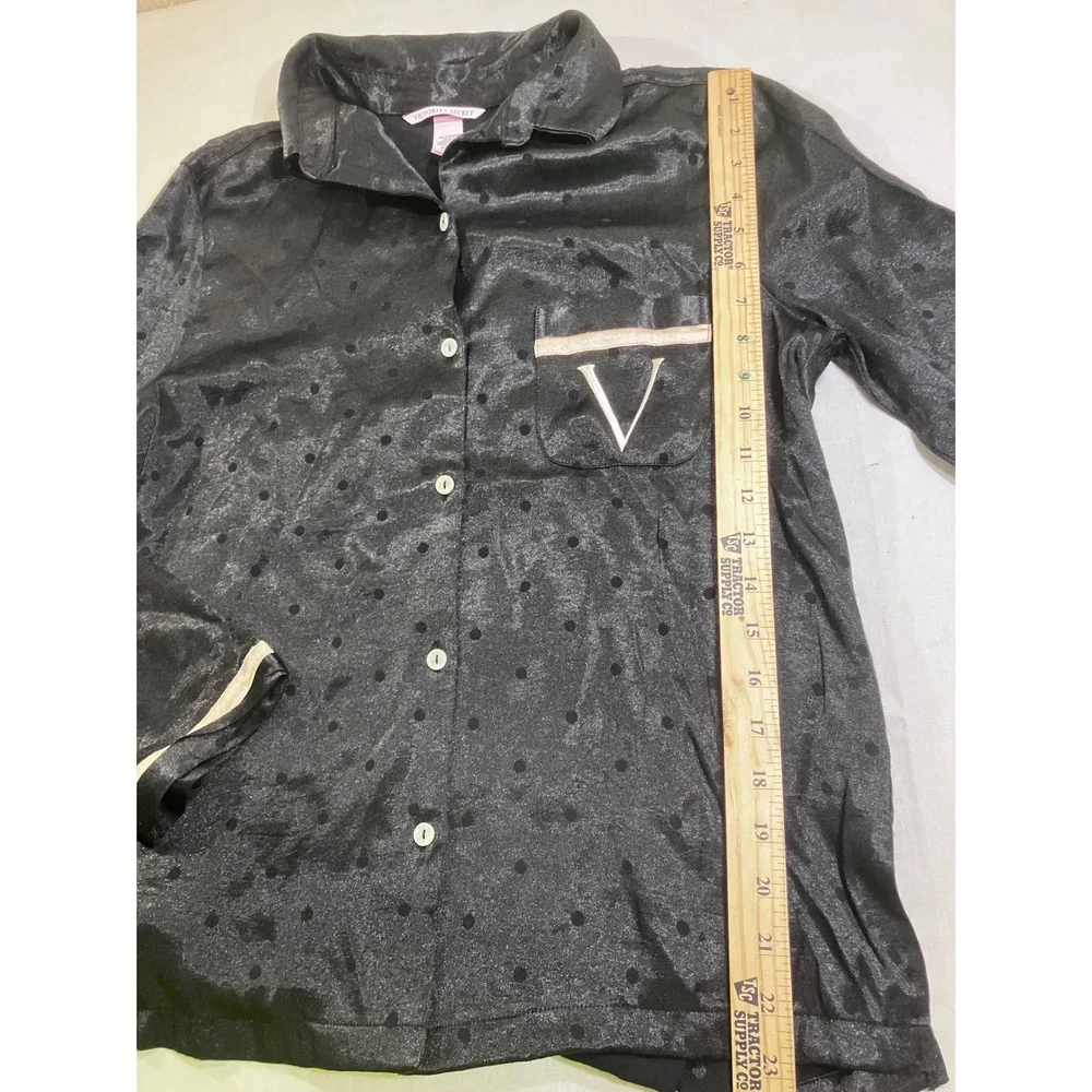 Victorias Secret Black Polka Dot Satin Pajama Set Long Sleeve Button Down‎ Small